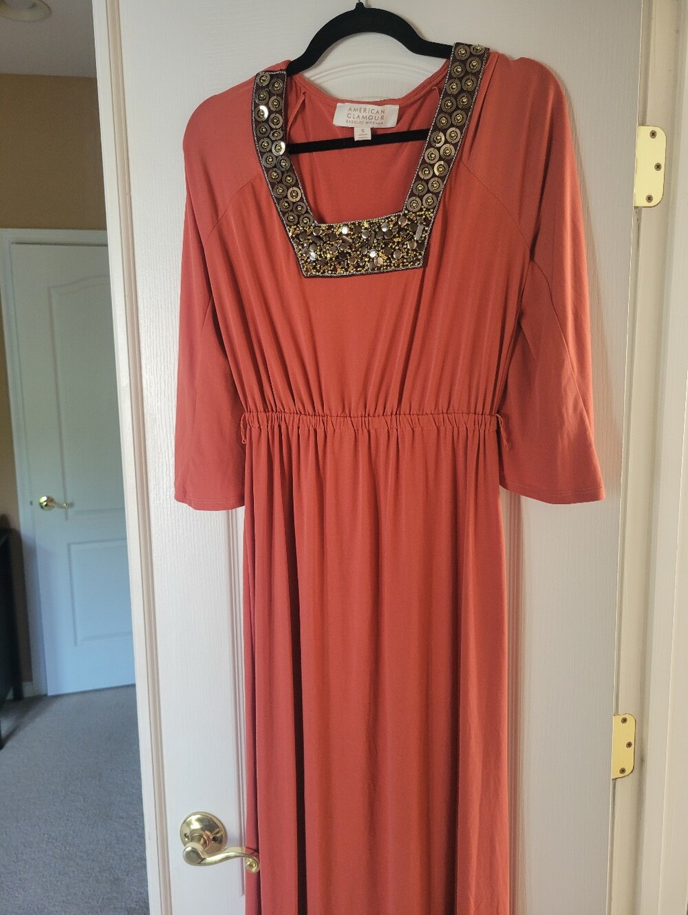 American Glamour Badgley Mischka Orange Maxi Dress Beaded Neckline Small S